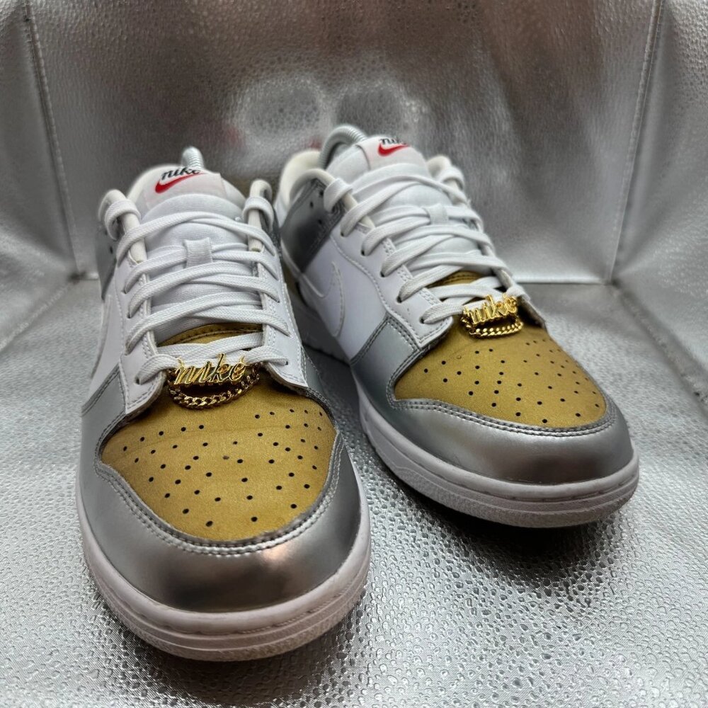 Size 9.5 Nike‎ Dunk Low Womens Gold White Silver Athletic Sneakers DH4403-700 - Picture 3 of 11